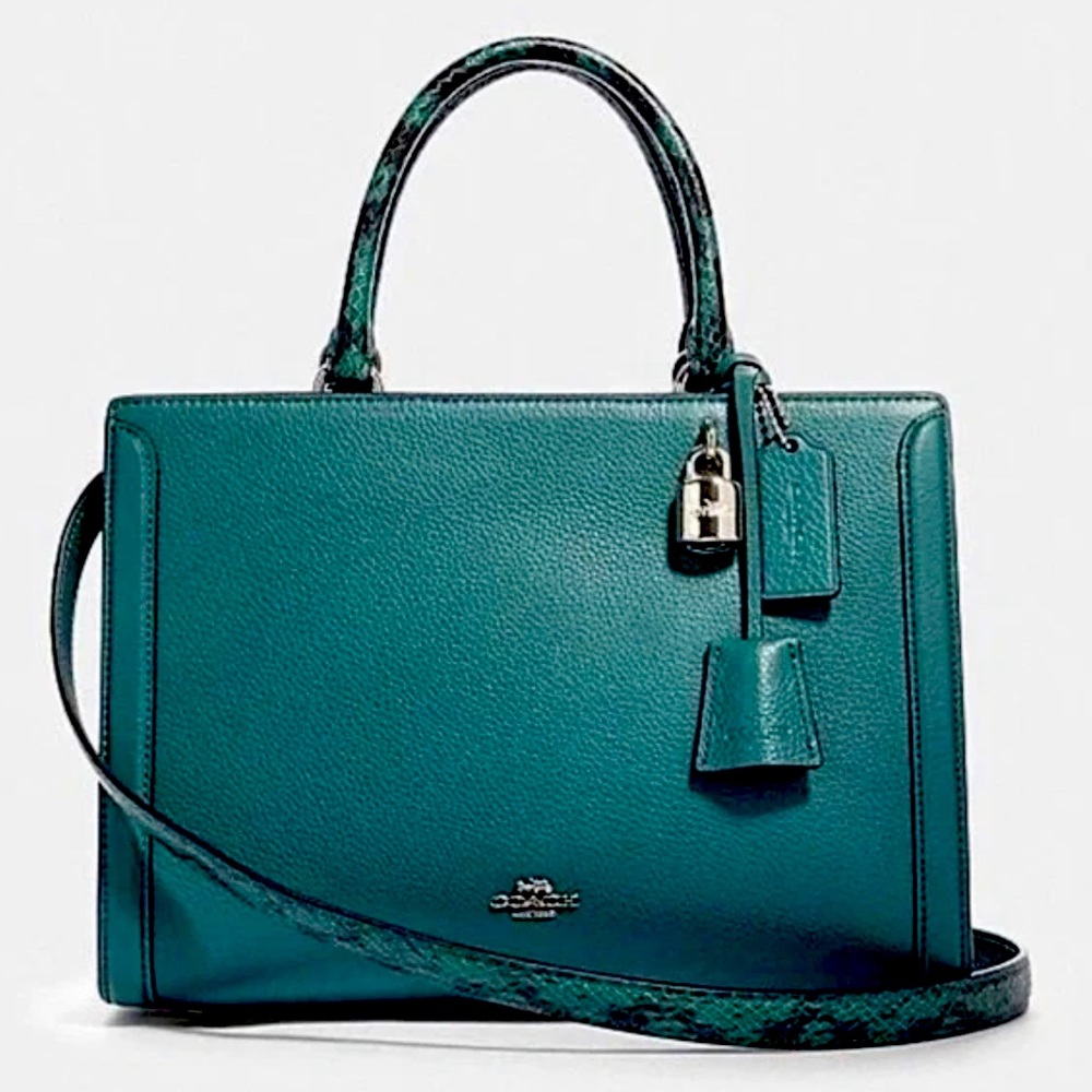 Coach Teal Leather Satchel with Snake-Print Strap